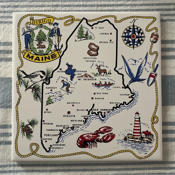 Vintage Maine Ceramic Map Trivet Collectible Decoration 1970s 1980s 6”x6” - Picture 1 of 8